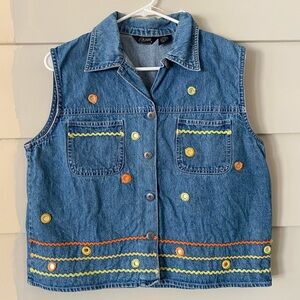 Vtg Agapo Medium Wash Ricrac Trim Mirror-Like Embellished Denim Jean Boho Vest L